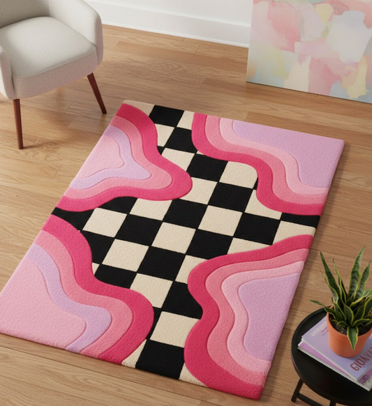 Pink Wave Checkerboard Rug