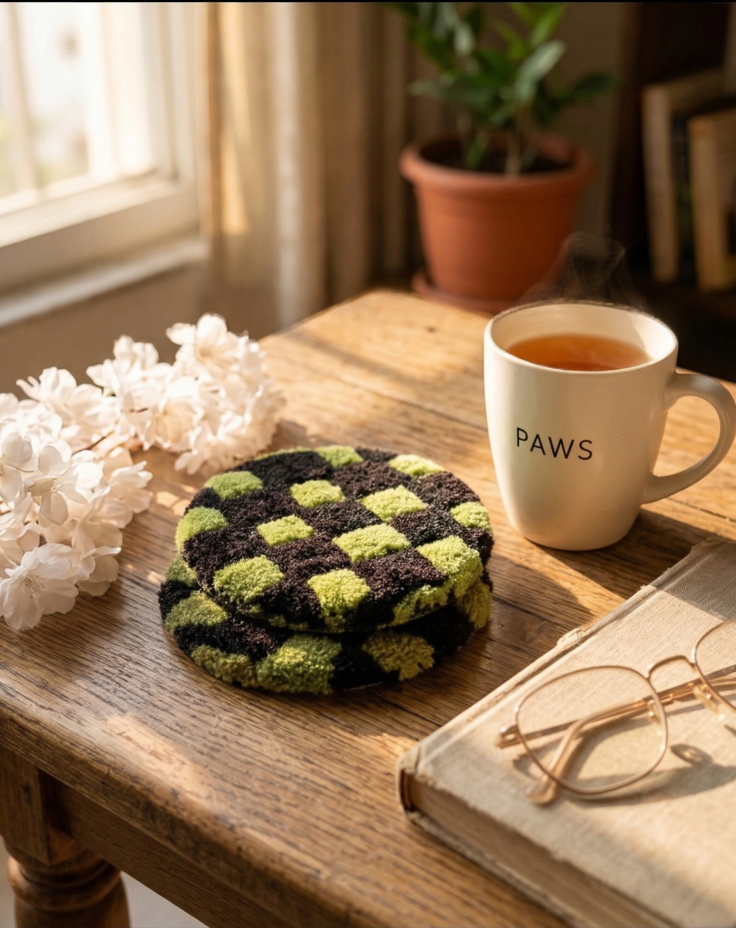 Checkerboard Coaster – Matcha & Black (Set of 2)