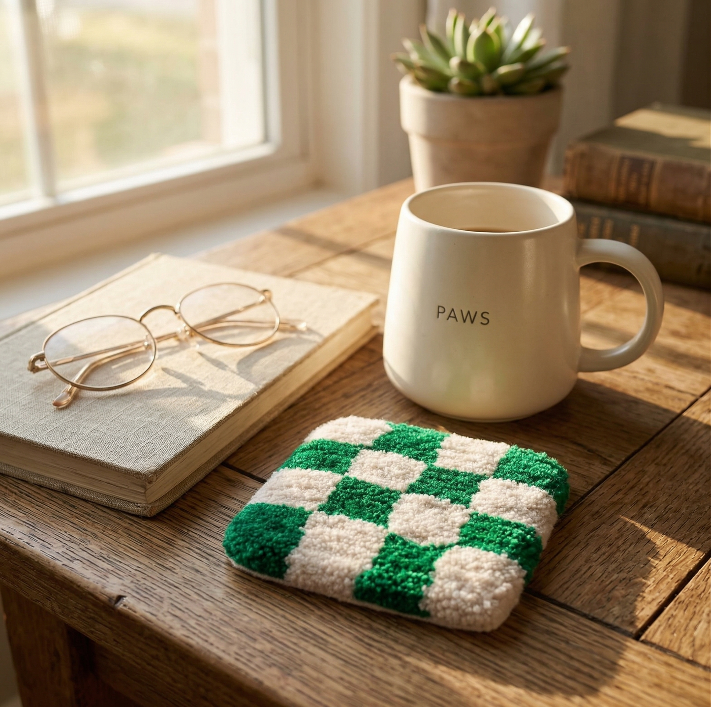 Checkerboard Coaster – Green & White (Set of 2)