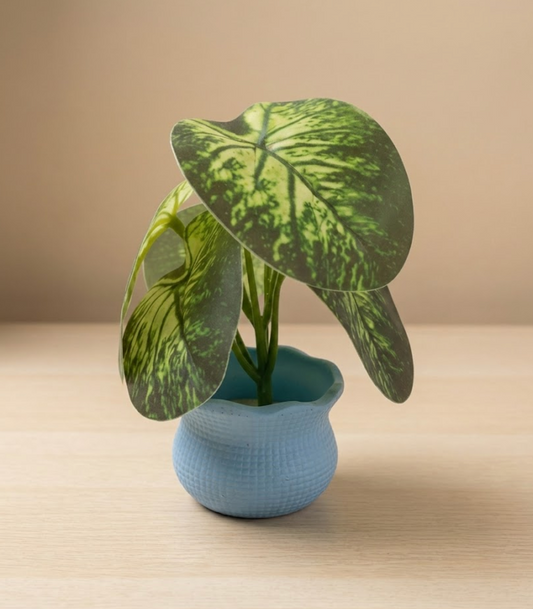 Faux Variegated Caladium in Blue Pot