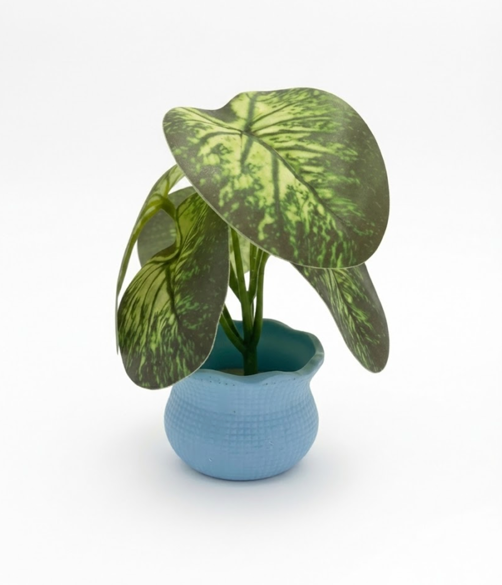 Faux Variegated Caladium in Blue Pot