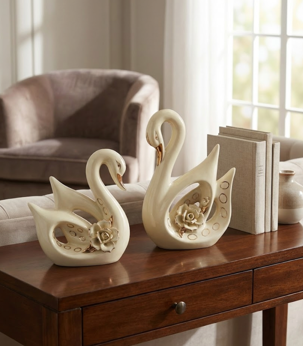 Porcelain Golden-Accent Swans (Pair)